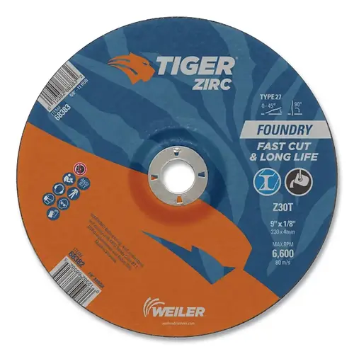 Tiger 68382 Tiger  Grinding Wheel, Combo, 9 in dia x 1/8 in Thick x 7/8 in Arbor, 30 Grit, Zirconia Alumina, Type 27, 25 EA/BX Black - pack of 25