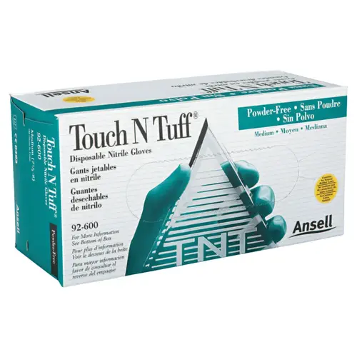 TouchNTuff 926007.58 92-600 Nitrile Powder-Free Disposable Gloves, Smooth, 4.9 mil Palm/5.5 mil Fingers, Medium, Green