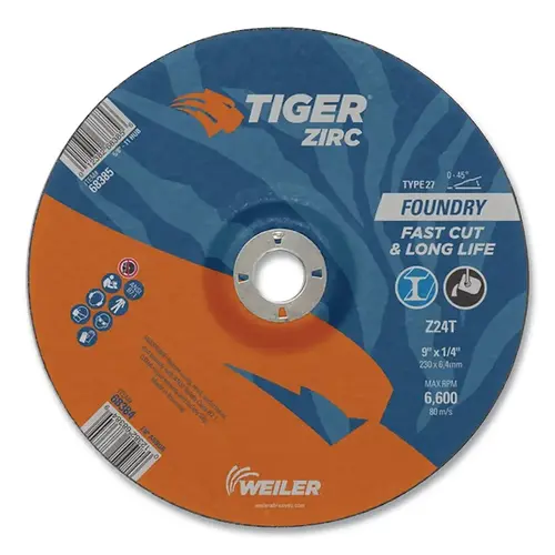 Tiger 68384 Tiger  Grinding Wheel, 9 in dia x 1/4 in Thick x 7/8 in Arbor, 24 Grit, Zirconia Alumina, Type 27, 10 EA/BX Black - pack of 10