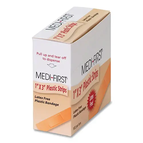 MEDI-FIRST 60033 Plastic Strip Adhesive Bandage,1 in W, 3 in L, Strip, Plastic Brown - pack of 12
