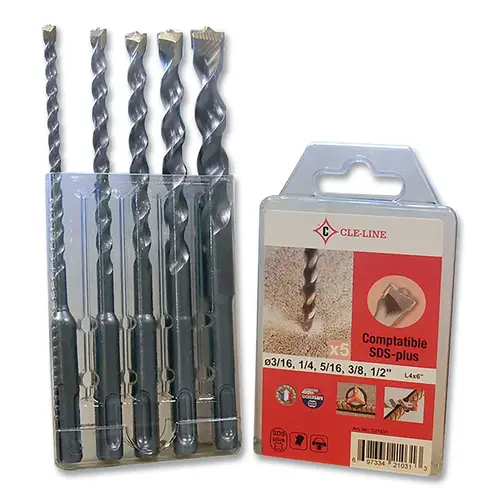 Cle-Line C21031 1821 SDS -plus Carbide Tipped Masonry Bit Set, 5 Pc, 118 degree Point Angle