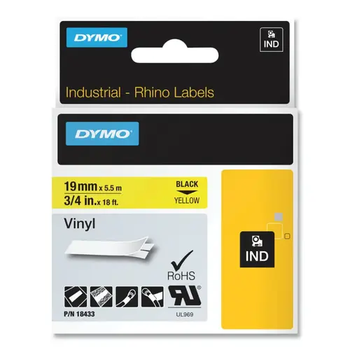 Dymo 18433 Industrial Rhino  Vinyl Label Cartridge, 3/4 in W x 18 ft L, Black Print on Yellow Background