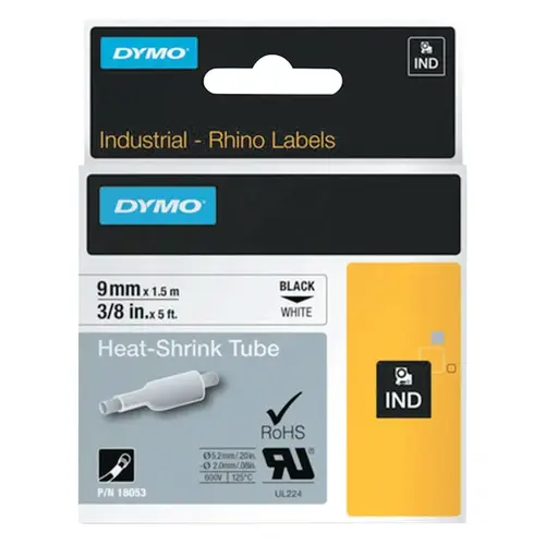 Dymo 18053 Heat-Shrink Tube, 3/8 in W x 5 ft L, Black on White