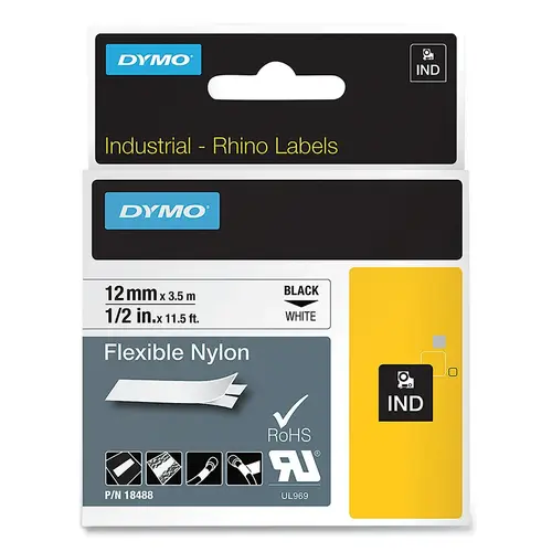 Dymo 18488 Industrial Rhino  Flexible Nylon Label Cartridge, 1/2 in W x 11.5 ft L, Black Print on White Background