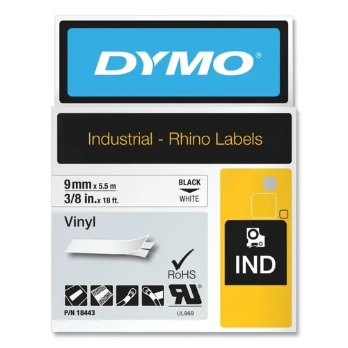 Dymo 18443 Industrial Rhino  Vinyl Label Cartridge, 3/8 in W x 18 ft L, Black Print on White Background