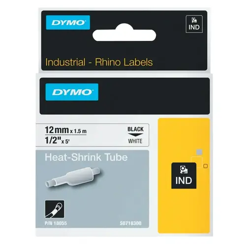 Dymo 18055 Heat-Shrink Tube, 1/2 in W x 5 ft L, Black on White