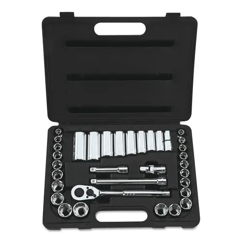 Socket Set, 34-Pc, 3/8 in, Standard and Deep, 12-point