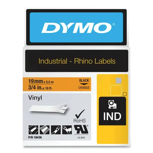 Dymo 18436 Industrial Rhino  Vinyl Label Cartridge, 3/4 in W x 18 ft L, Black Print on Orange Background