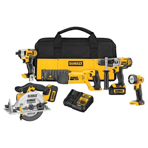 20V MAX* Premium 5-Tool Combo Kit, 20 V, 1/2 in Hammerdrill, 1/4 in Imp Driver, 6-1/2 in Circular Saw, Work light, Recip Saw
