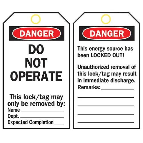 Lockout Tag, 3 in W x 5-3/4 in H, Polyester, Danger, Do Not Operate, Includes Reverse Side, Black/Red on White - pack of 25