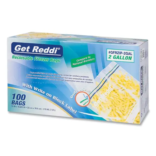 Get Reddi GFRZIP2GAL Double Zipper Reclosable Bags, 13 in x 15.6 in, 2.7 mil, 2 Gallon, Freezer Clear