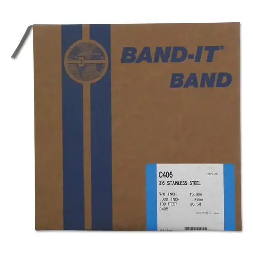 Band-It C40599 Type 316 Bands, 5/8 in x 100 ft, 0.03 in Thick, Stainless Steel