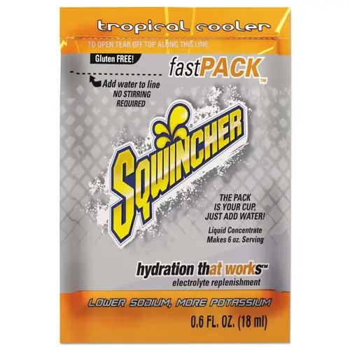 Sqwincher 159015309 Fast Pack  Drink Mix, Tropical Cooler, 0.6 fl oz, Pack, Yields 6 oz