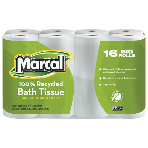 MARCAL PAPER 16466 100% Recycled Two-Ply Bath Tissue, White - pack of 96
