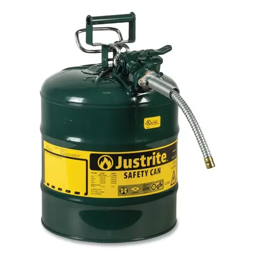 Justrite 7250420 Type II AccuFlow  Safety Can, Oil, 5 gal, Green, Includes 5/8 in OD Flexible Metal Hose