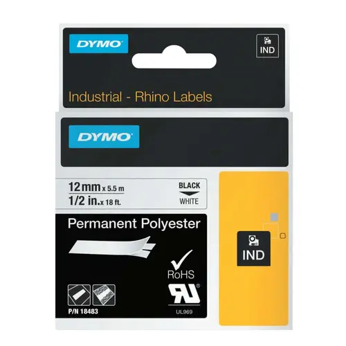 Dymo 18483 Industrial Rhino  Permanent Polyester Label Cartridge, 1/2 in W x 18 ft L, Black Print on White Background