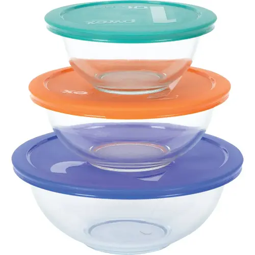 Pyrex 1071025 Smart Essentials Covered Glass Bowl Set (6-Piece) Clear
