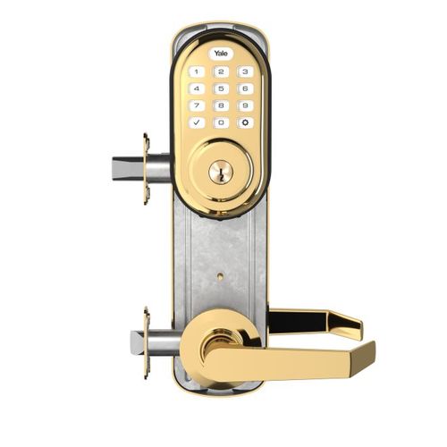 Assure Lock Push Button Norwood Interconnected Lockset and Deadbolt with Z-Wave Bright Brass Finish