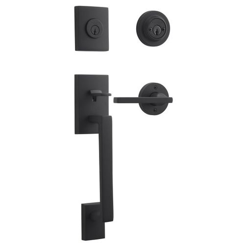 Double Cylinder La Jolla Handleset with Square Lever and Contemporary Round Rose with 6AL Latch and Dual Strike Satin Black Finish