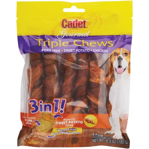 Cadet C07330W Chicken & Sweet Potato Gourmet Triple Chews Pork Hide Twists - pack of 6