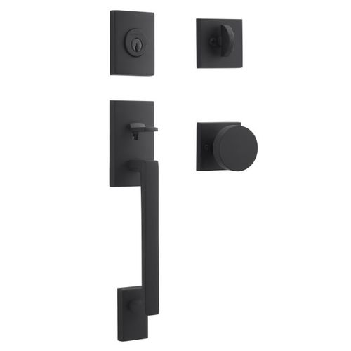 Single Cylinder La Jolla Handleset Contemporary Knob Contemporary Square Rose with 6AL Latch and Dual Strike Satin Black Finish