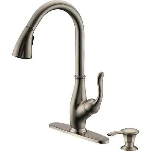 CMI 192-8283 Compass Manufacturing 5136BN-SD Brookfield 1-Handle Brushed Nickel Hi Rise Kitchen Faucet With Soap Dispenser