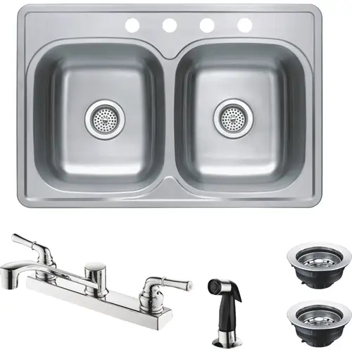 CMI 712-8290 Compass Manufacturing Double Bowl 33 In. x 22 In. x 6 In. Sink Kit with 2-Handle Faucet Stainless