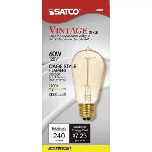 Satco S2423 60W Clear Medium ST19 Incandescent Vintage Light Bulb