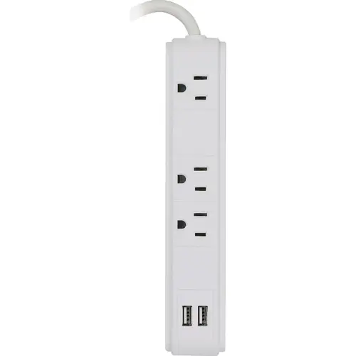 Prime PBSU061 Wire & Cable 3-Outlet/2-USB-A 300J White Surge Strip with 2.5 Ft. Cord