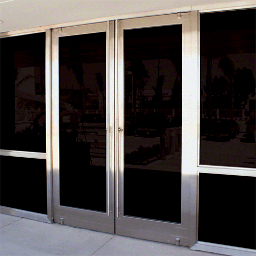 Automatic Balancer Brushed Stainless Aluminum Medium Stile Door for 1" Glazing; 3-11/32" Top Rail; 9-1/2" Bottom Rail; Concealed Hinge Tube Double Doors; With Lock