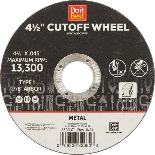 Type 1 4-1/2 In. x 1/16 In. x 7/8 In. Metal Cut-Off Wheel