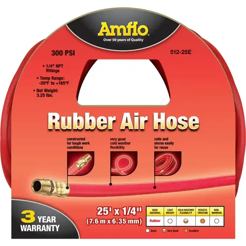 Amflo 512-25E 1/4 In. x 25 Ft. Rubber Air Hose Red