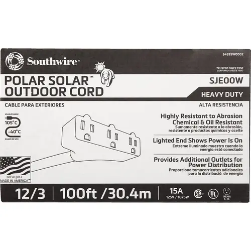 Coleman Cable 3489SW0002 Polar Solar 100 Ft. 12/3 Cold Weather 3-Outlet Extension Cord Yellow