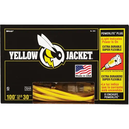 YELLOW JACKET 2885AC 100 Ft. 12/3 Heavy-Duty Extension Cord w/Lighted End Yellow