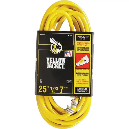 YELLOW JACKET 2883AC 25 Ft. 12/3 Heavy-Duty Extension Cord w/Lighted End Yellow