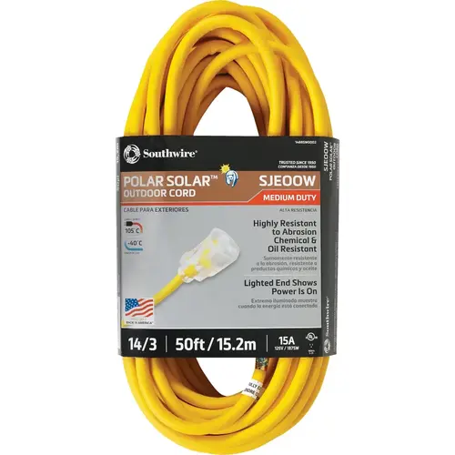 Coleman Cable 1488SW0002 50 Ft. 14/3 Cold Weather Extension Cord Yellow