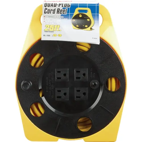 Bayco FL-755PDQ 25 Ft. of 16/3 Cord Capacity Polypropylene Multi-Plug Cord Reel Yellow/Black
