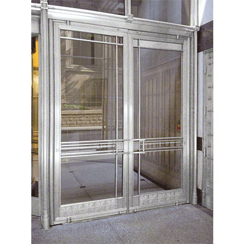 Balancer Satin Anodized Aluminum Wide Stile for 1" Glazing; Satin Anodized 5-1/2" Top Rail; 9-1/2" Bottom Rail; Concealed Hinge Tube; Double Doors with Lock