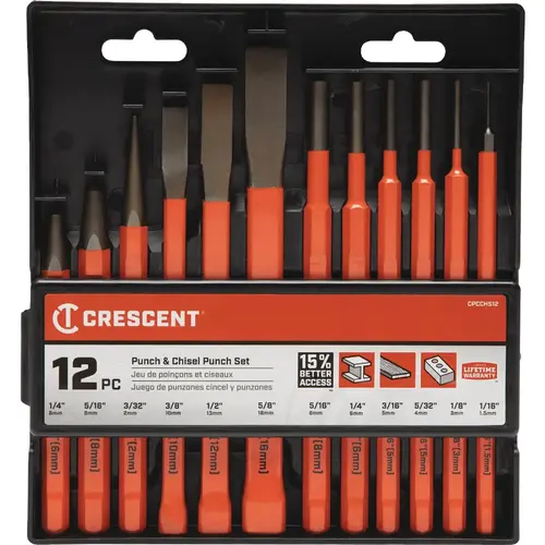 Chisel Sets; Tool Type: Cold Chisel Set; Body Material: Steel; Number of Pieces: 12.000; Includes: 6 Pin Punches: 1/16 in 1/8 in 5/32 in 3/16 in 1/4 in 5/16 in 3 Center Punches: 3/32 in 1/4 in 5/16 in 3 Cold Chisels: 3/8 in 1/2 in 5/8 in; Number Of