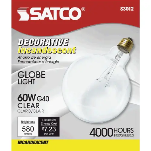 Satco S3012 60W Clear Soft White Medium Base G40 Incandescent Globe Light Bulb