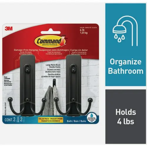Command BATH36-MB-2ESF Large Double Bath Hook, Matte Black, 2 Hooks, 2 Strips