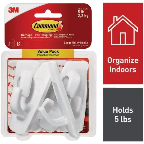 Large Utility Hook Value Pack, White, 6 Hooks, 12 Strips