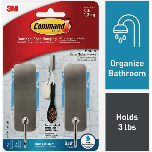 Command BATH43-SN-2ES Medium Bath Hooks, Satin Nickel, 2 Hooks, 4 Strips