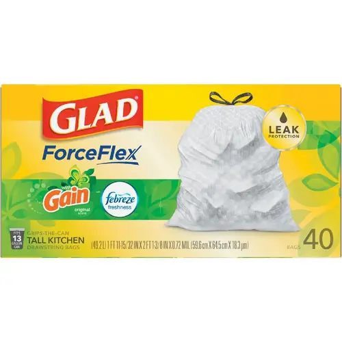 GLAD 78685 Febreze 13 Gal. Fresh LeakGuard Tall Kitchen White Trash Bag (40-Count)