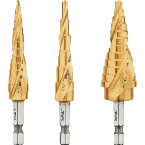 Step Drill Bit: 1/4" Shank Dia, High Speed Steel, 19 Hole Sizes Titanium Nitride
