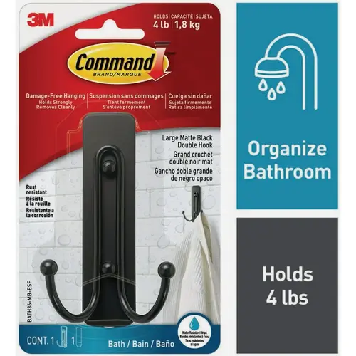 Command BATH36-MB-ESF Large Double Bath Hook, Matte Black, 1 Hook, 2 Strips