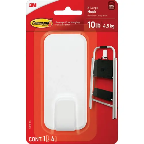 Extra Large 10 Lb. Adhesive Hook, White, 1 Hook, 4 Strips Quartz
