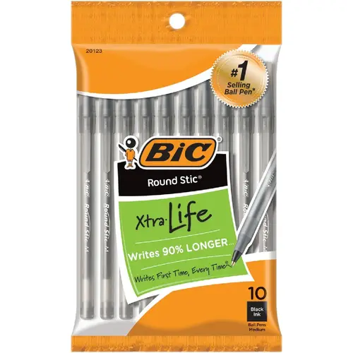 BIC GSMP101BLK Round Stic Medium Point Black Ball Pen - pack of 10