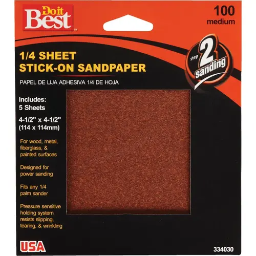 Stick-On 100 Grit 1/4 Sheet Power Sanding Sheet - pack of 5