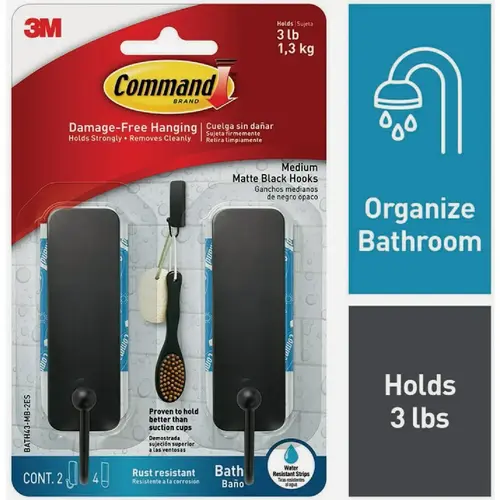 Medium Bath Hook, 3 lb, 2-Hook, Metal, Matte Black